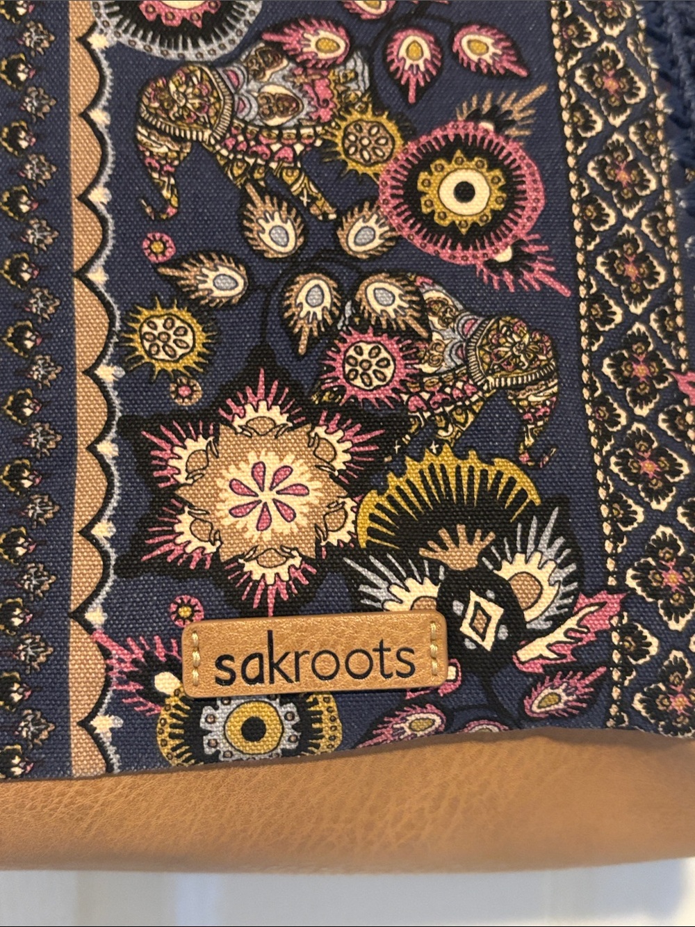 Sakroots Navy Floral Crochet-Trim Tote with Tan Straps - Picture 2 of 4